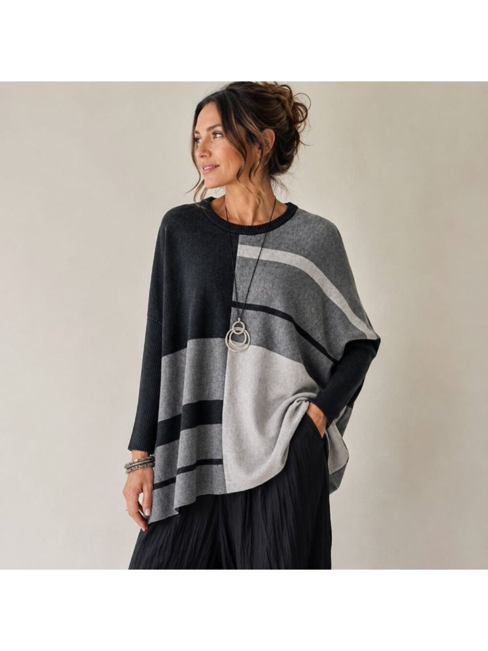 Lagenlook Oversized Colorblock Sweater Gray Black Dolman Sleeve NWT Size S
